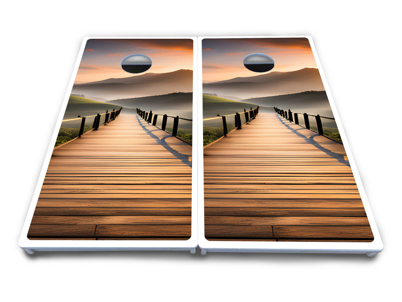 Waterproof - Wooden Bridge Design - All Weather Boards "Outdoor Solution" 18mm(3/4")Direct UV Printed - Regulation 2' by 4' Cornhole Boards (Set of 2 Boards) Double Thick Legs, with Leg Brace & Dual Support Braces!