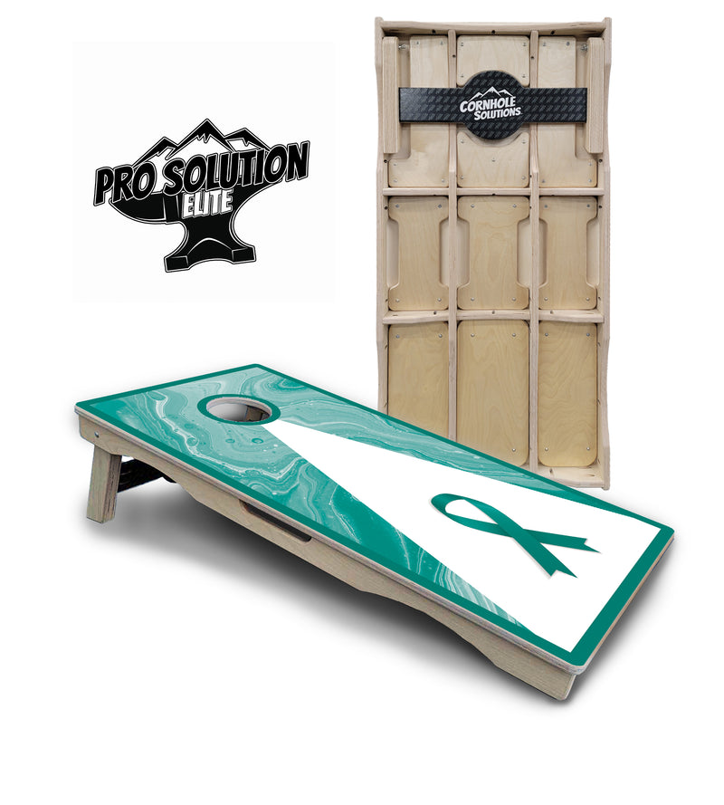 Pro Solution Elite - Teal Cancer Ribbon - Professional Tournament Cornhole Boards 3/4" Baltic Birch - Zero Bounce Zero Movement Vertical Interlocking Braces for Extra Weight & Stability +Double Thick Legs +Airmail Blocker