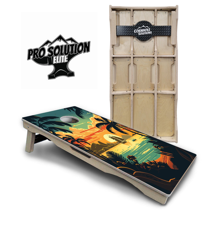 Pro Solution Elite - Beach Sunset Ai Design Options - Professional Tournament Cornhole Boards 3/4" Baltic Birch - Zero Bounce Zero Movement Vertical Interlocking Braces for Extra Weight & Stability +Double Thick Legs +Airmail Blocker