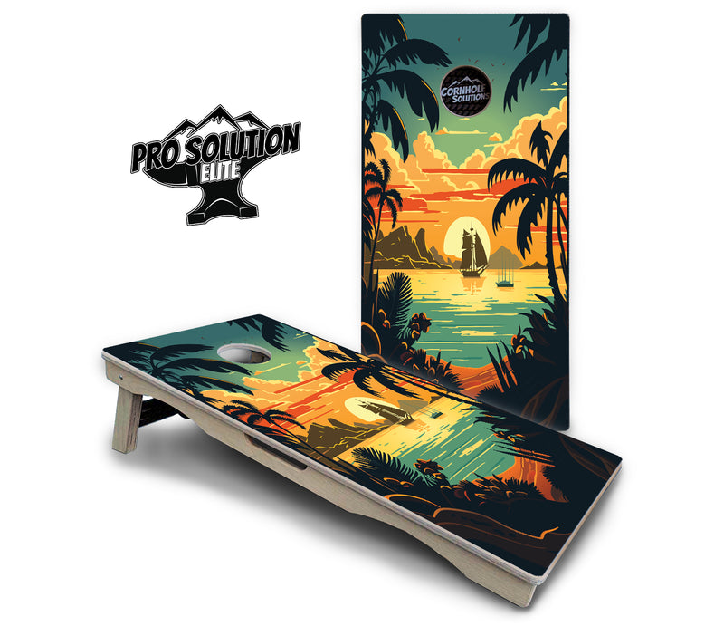 Pro Solution Elite - Beach Sunset Ai Design Options - Professional Tournament Cornhole Boards 3/4" Baltic Birch - Zero Bounce Zero Movement Vertical Interlocking Braces for Extra Weight & Stability +Double Thick Legs +Airmail Blocker