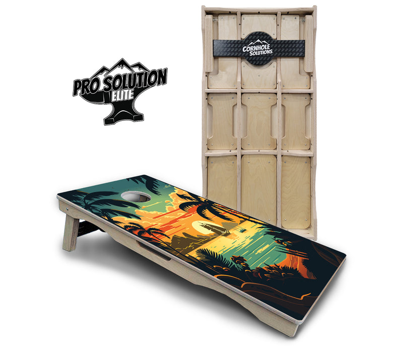 Pro Solution Elite - Beach Sunset Ai Design Options - Professional Tournament Cornhole Boards 3/4" Baltic Birch - Zero Bounce Zero Movement Vertical Interlocking Braces for Extra Weight & Stability +Double Thick Legs +Airmail Blocker