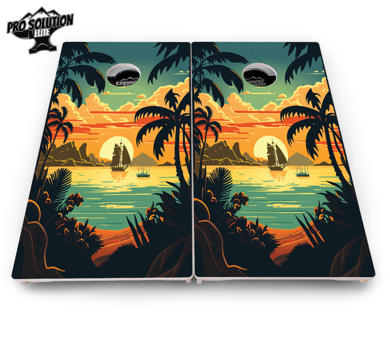 Pro Solution Elite - Beach Sunset Ai Design Options - Professional Tournament Cornhole Boards 3/4" Baltic Birch - Zero Bounce Zero Movement Vertical Interlocking Braces for Extra Weight & Stability +Double Thick Legs +Airmail Blocker