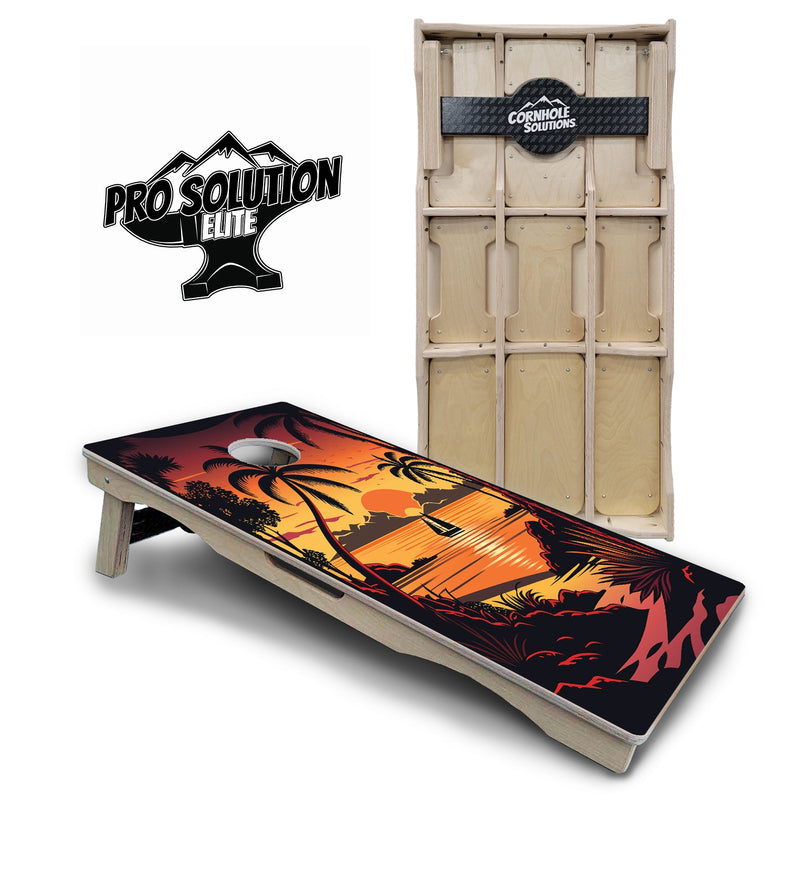 Pro Solution Elite - Beach Sunset Ai Design Options - Professional Tournament Cornhole Boards 3/4" Baltic Birch - Zero Bounce Zero Movement Vertical Interlocking Braces for Extra Weight & Stability +Double Thick Legs +Airmail Blocker