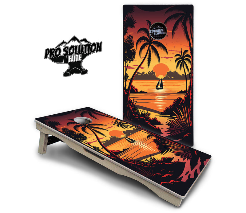 Pro Solution Elite - Beach Sunset Ai Design Options - Professional Tournament Cornhole Boards 3/4" Baltic Birch - Zero Bounce Zero Movement Vertical Interlocking Braces for Extra Weight & Stability +Double Thick Legs +Airmail Blocker