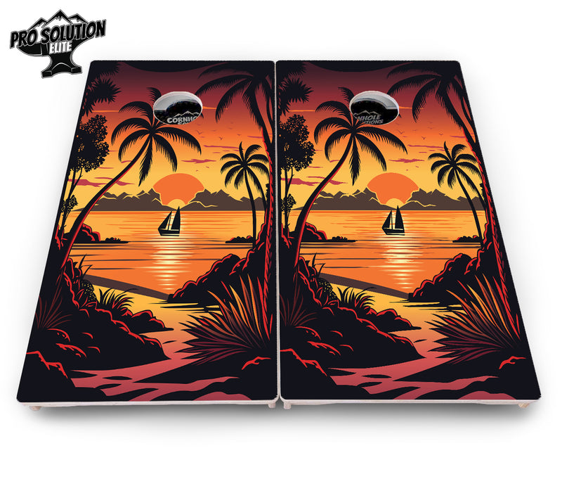 Pro Solution Elite - Beach Sunset Ai Design Options - Professional Tournament Cornhole Boards 3/4" Baltic Birch - Zero Bounce Zero Movement Vertical Interlocking Braces for Extra Weight & Stability +Double Thick Legs +Airmail Blocker