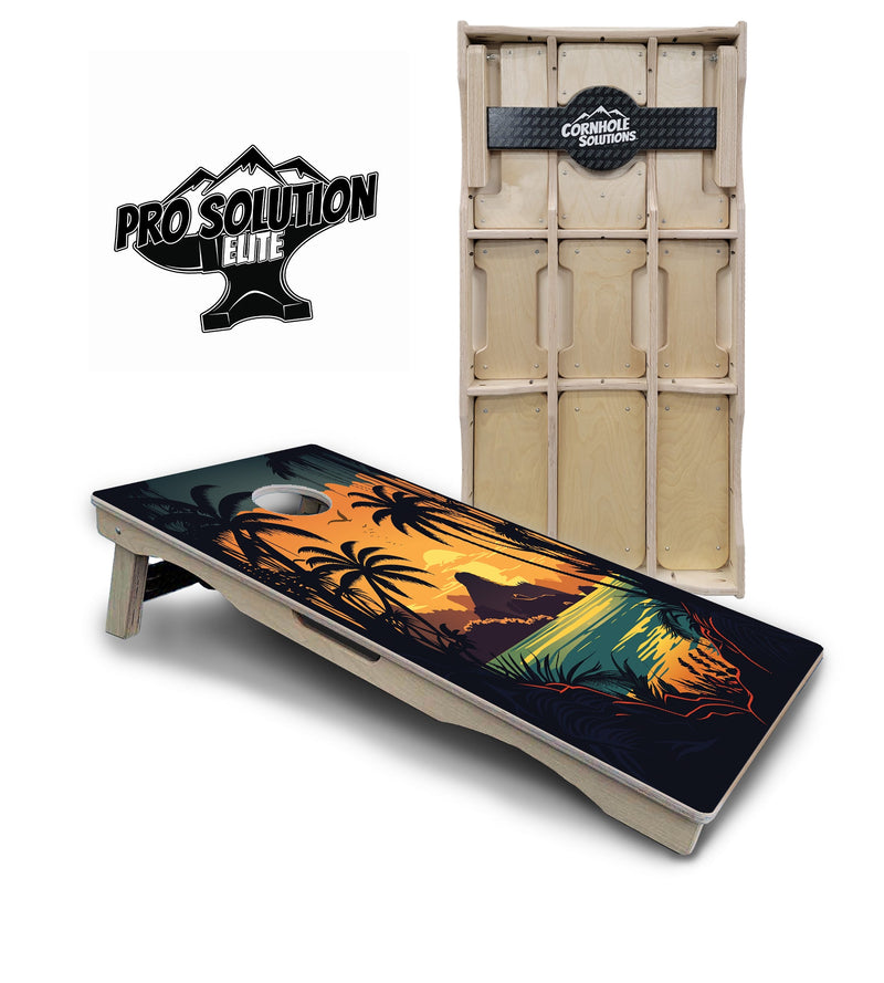 Pro Solution Elite - Beach Sunset Ai Design Options - Professional Tournament Cornhole Boards 3/4" Baltic Birch - Zero Bounce Zero Movement Vertical Interlocking Braces for Extra Weight & Stability +Double Thick Legs +Airmail Blocker