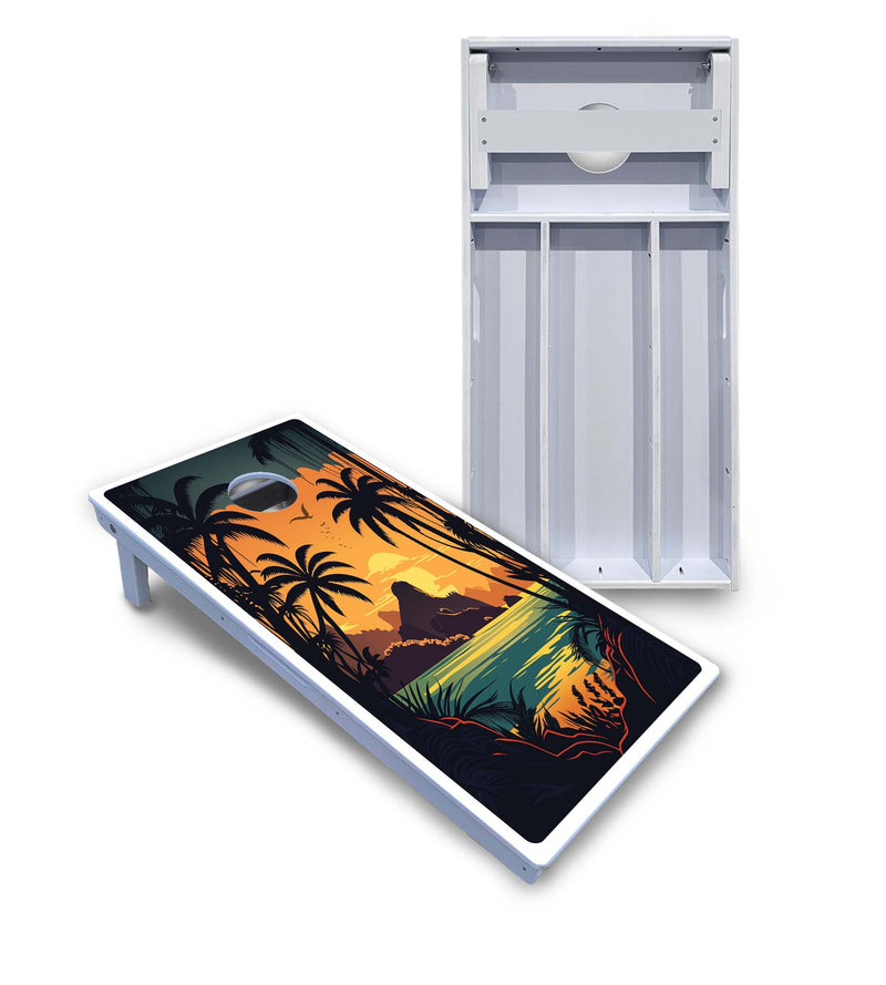 Waterproof - Beach Sunset Ai Design Options - All Weather Boards "Outdoor Solution" 18mm(3/4")Direct UV Printed - Regulation 2' by 4' Cornhole Boards (Set of 2 Boards) Double Thick Legs, with Leg Brace & Dual Support Braces!