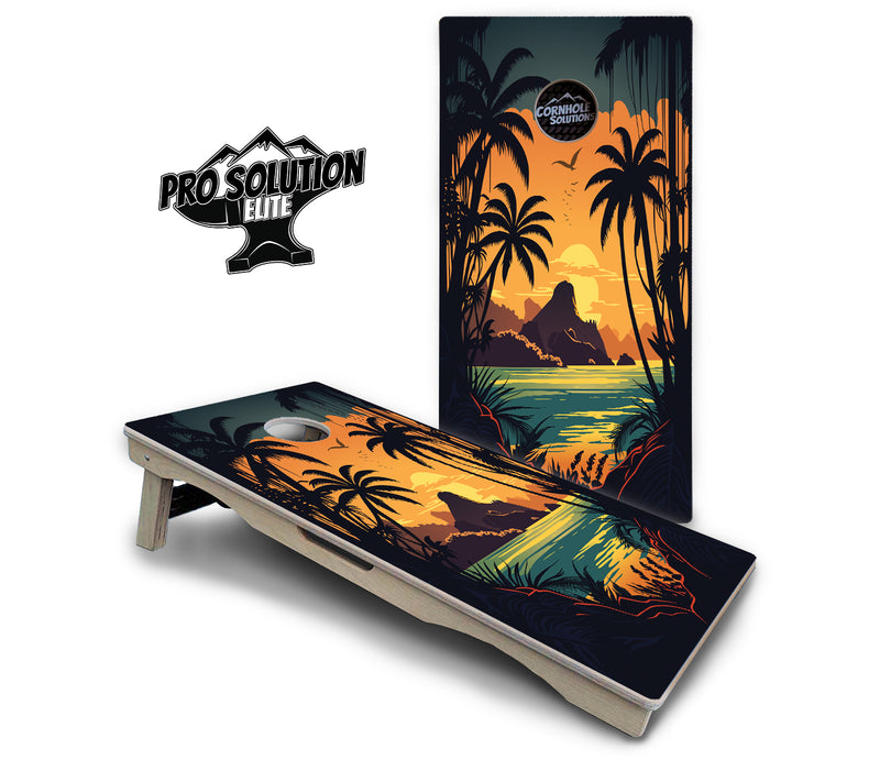 Pro Solution Elite - Beach Sunset Ai Design Options - Professional Tournament Cornhole Boards 3/4" Baltic Birch - Zero Bounce Zero Movement Vertical Interlocking Braces for Extra Weight & Stability +Double Thick Legs +Airmail Blocker