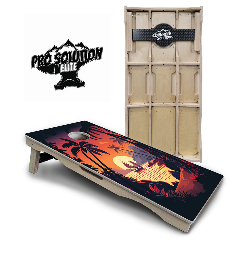 Pro Solution Elite - Beach Sunset Ai Design Options - Professional Tournament Cornhole Boards 3/4" Baltic Birch - Zero Bounce Zero Movement Vertical Interlocking Braces for Extra Weight & Stability +Double Thick Legs +Airmail Blocker