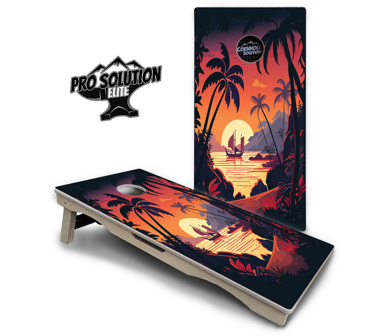 Pro Solution Elite - Beach Sunset Ai Design Options - Professional Tournament Cornhole Boards 3/4" Baltic Birch - Zero Bounce Zero Movement Vertical Interlocking Braces for Extra Weight & Stability +Double Thick Legs +Airmail Blocker