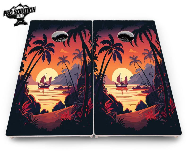 Pro Solution Elite - Beach Sunset Ai Design Options - Professional Tournament Cornhole Boards 3/4" Baltic Birch - Zero Bounce Zero Movement Vertical Interlocking Braces for Extra Weight & Stability +Double Thick Legs +Airmail Blocker