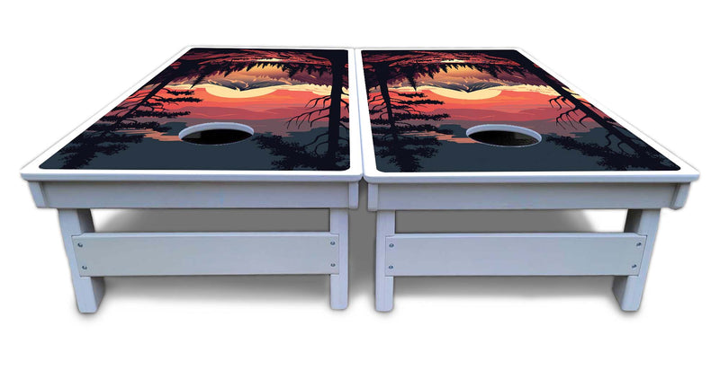 Waterproof - Mountain Sunset Ai Design Options - All Weather Boards "Outdoor Solution" 18mm(3/4")Direct UV Printed - Regulation 2' by 4' Cornhole Boards (Set of 2 Boards) Double Thick Legs, with Leg Brace & Dual Support Braces!