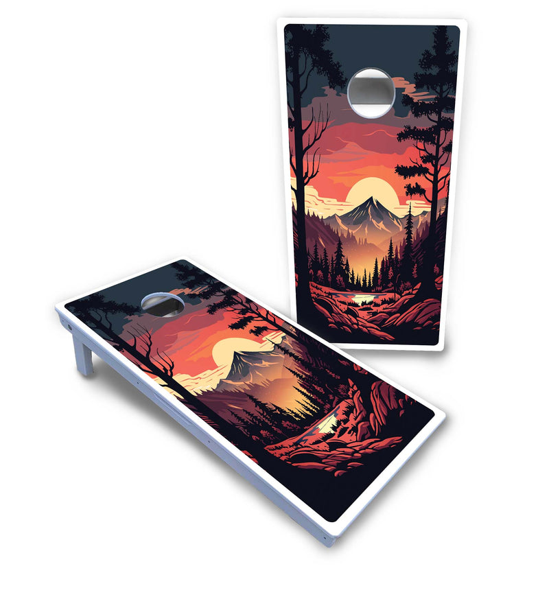 Waterproof - Mountain Sunset Ai Design Options - All Weather Boards "Outdoor Solution" 18mm(3/4")Direct UV Printed - Regulation 2' by 4' Cornhole Boards (Set of 2 Boards) Double Thick Legs, with Leg Brace & Dual Support Braces!