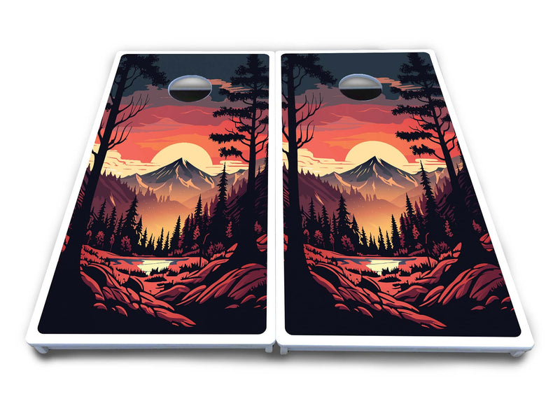 Waterproof - Mountain Sunset Ai Design Options - All Weather Boards "Outdoor Solution" 18mm(3/4")Direct UV Printed - Regulation 2' by 4' Cornhole Boards (Set of 2 Boards) Double Thick Legs, with Leg Brace & Dual Support Braces!