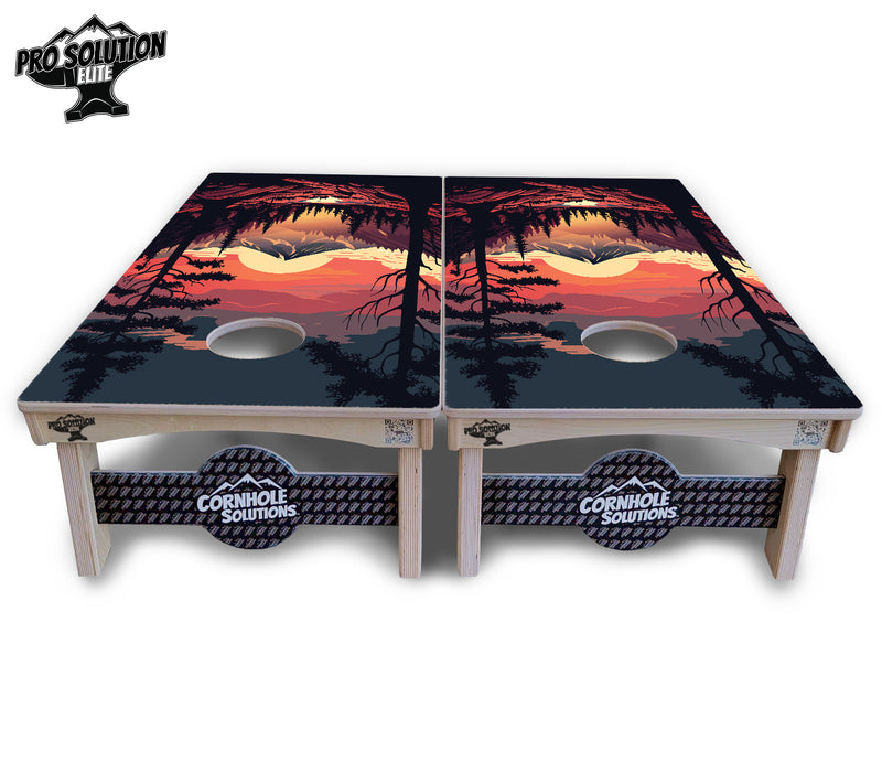 Pro Solution Elite - Mountain Sunset Ai Design Options - Professional Tournament Cornhole Boards 3/4" Baltic Birch - Zero Bounce Zero Movement Vertical Interlocking Braces for Extra Weight & Stability +Double Thick Legs +Airmail Blocker