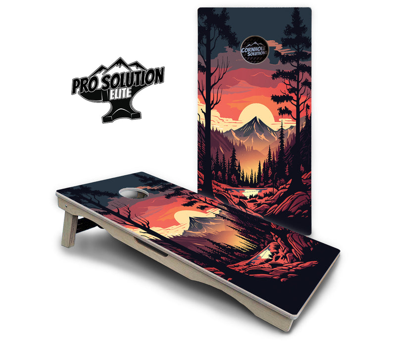 Pro Solution Elite - Mountain Sunset Ai Design Options - Professional Tournament Cornhole Boards 3/4" Baltic Birch - Zero Bounce Zero Movement Vertical Interlocking Braces for Extra Weight & Stability +Double Thick Legs +Airmail Blocker