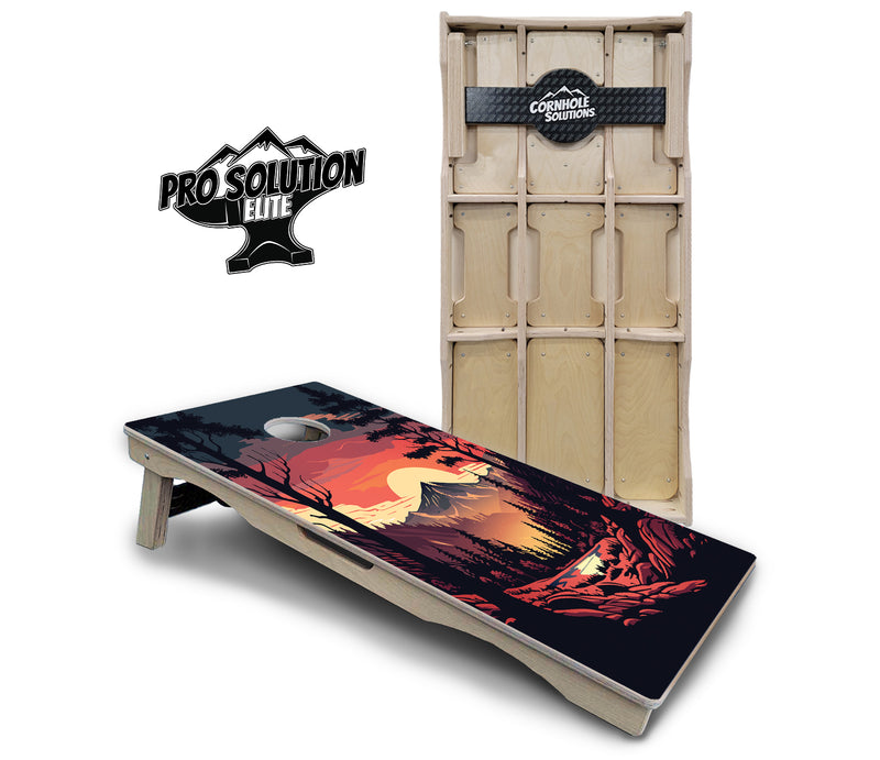 Pro Solution Elite - Mountain Sunset Ai Design Options - Professional Tournament Cornhole Boards 3/4" Baltic Birch - Zero Bounce Zero Movement Vertical Interlocking Braces for Extra Weight & Stability +Double Thick Legs +Airmail Blocker