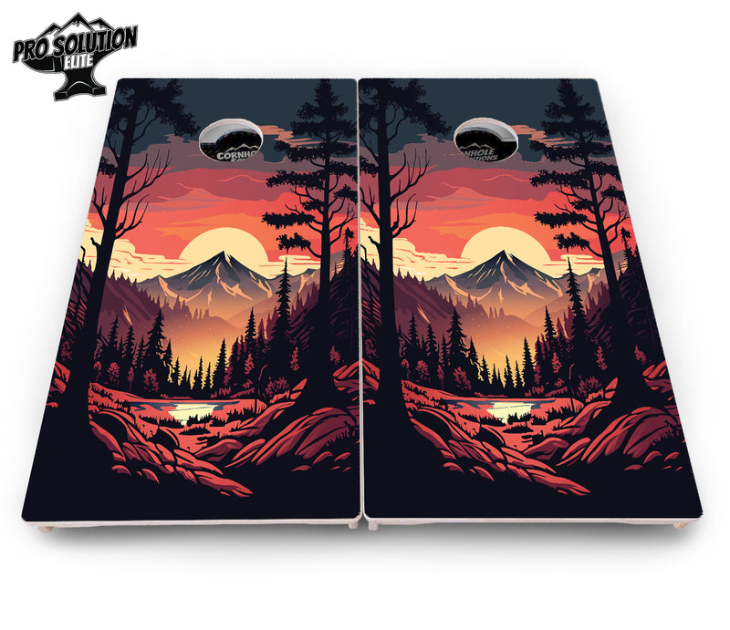 Pro Solution Elite - Mountain Sunset Ai Design Options - Professional Tournament Cornhole Boards 3/4" Baltic Birch - Zero Bounce Zero Movement Vertical Interlocking Braces for Extra Weight & Stability +Double Thick Legs +Airmail Blocker