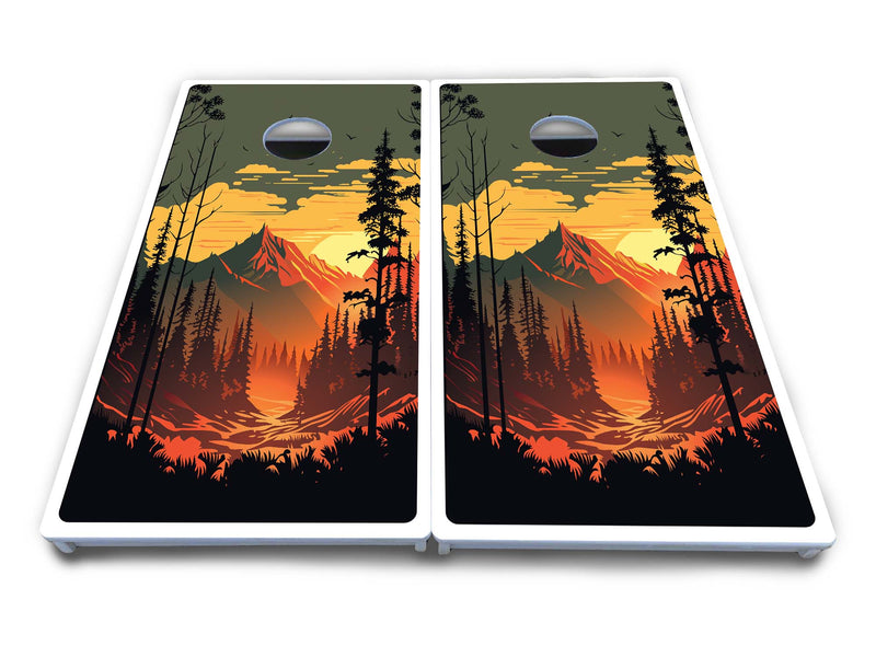 Waterproof - Mountain Sunset Ai Design Options - All Weather Boards "Outdoor Solution" 18mm(3/4")Direct UV Printed - Regulation 2' by 4' Cornhole Boards (Set of 2 Boards) Double Thick Legs, with Leg Brace & Dual Support Braces!