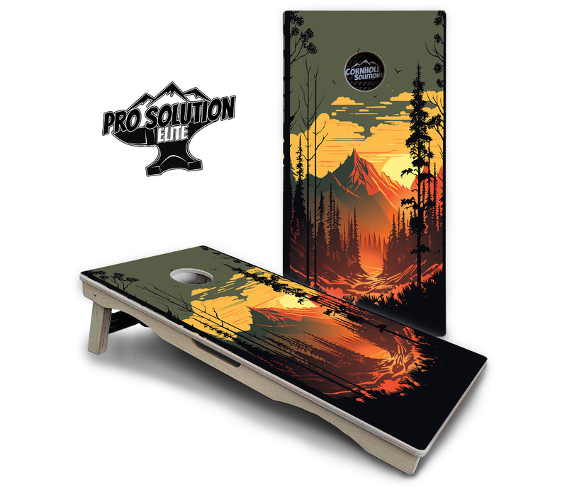 Pro Solution Elite - Mountain Sunset Ai Design Options - Professional Tournament Cornhole Boards 3/4" Baltic Birch - Zero Bounce Zero Movement Vertical Interlocking Braces for Extra Weight & Stability +Double Thick Legs +Airmail Blocker