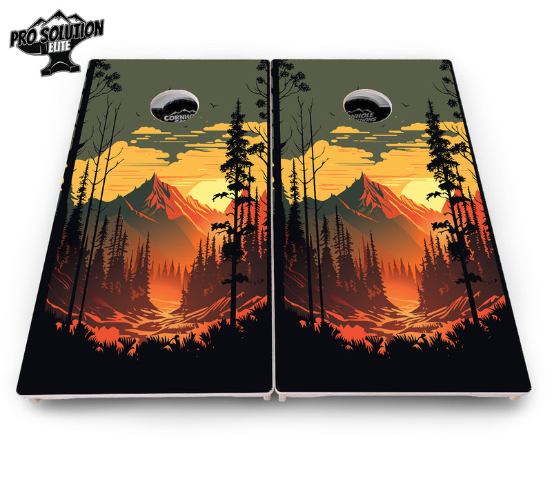 Pro Solution Elite - Mountain Sunset Ai Design Options - Professional Tournament Cornhole Boards 3/4" Baltic Birch - Zero Bounce Zero Movement Vertical Interlocking Braces for Extra Weight & Stability +Double Thick Legs +Airmail Blocker