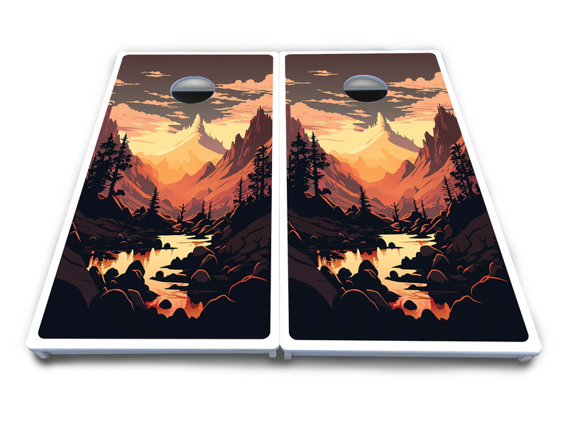 Waterproof - Mountain Sunset Ai Design Options - All Weather Boards "Outdoor Solution" 18mm(3/4")Direct UV Printed - Regulation 2' by 4' Cornhole Boards (Set of 2 Boards) Double Thick Legs, with Leg Brace & Dual Support Braces!