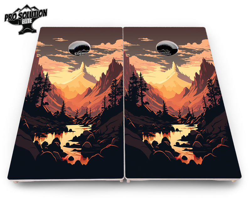 Pro Solution Elite - Mountain Sunset Ai Design Options - Professional Tournament Cornhole Boards 3/4" Baltic Birch - Zero Bounce Zero Movement Vertical Interlocking Braces for Extra Weight & Stability +Double Thick Legs +Airmail Blocker