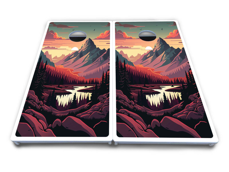 Waterproof - Mountain Sunset Ai Design Options - All Weather Boards "Outdoor Solution" 18mm(3/4")Direct UV Printed - Regulation 2' by 4' Cornhole Boards (Set of 2 Boards) Double Thick Legs, with Leg Brace & Dual Support Braces!