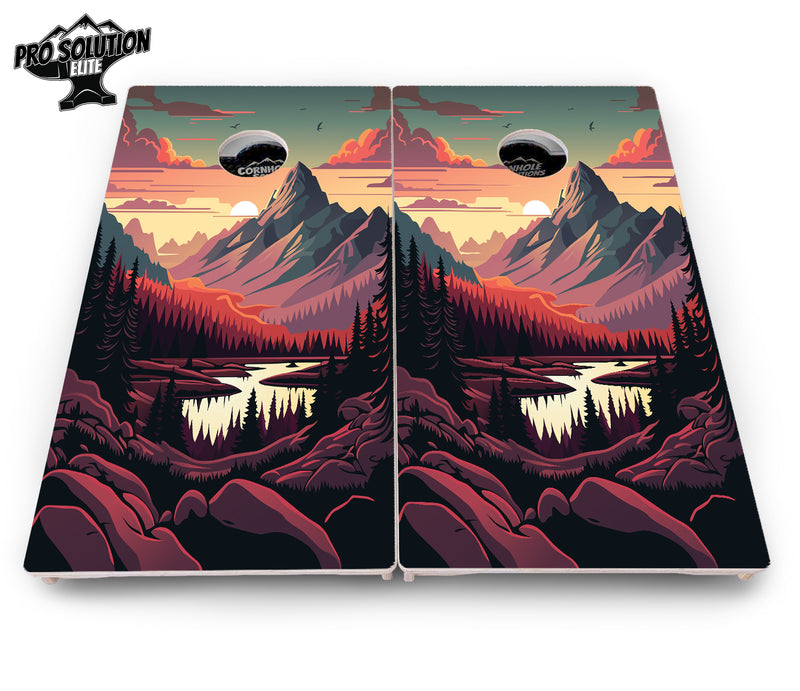 Pro Solution Elite - Mountain Sunset Ai Design Options - Professional Tournament Cornhole Boards 3/4" Baltic Birch - Zero Bounce Zero Movement Vertical Interlocking Braces for Extra Weight & Stability +Double Thick Legs +Airmail Blocker