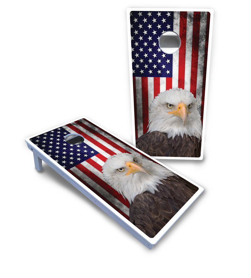 Waterproof - Eagle USA Flag - All Weather Boards "Outdoor Solution" 18mm(3/4")Direct UV Printed - Regulation 2' by 4' Cornhole Boards (Set of 2 Boards) Double Thick Legs, with Leg Brace & Dual Support Braces!