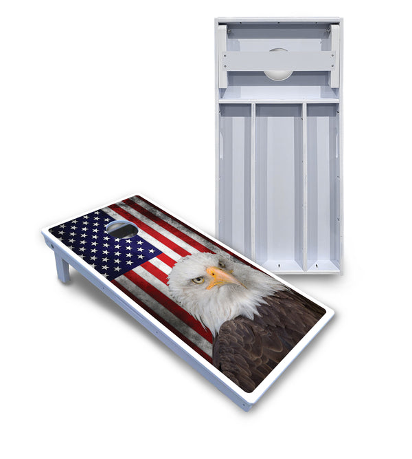 Waterproof - Eagle USA Flag - All Weather Boards "Outdoor Solution" 18mm(3/4")Direct UV Printed - Regulation 2' by 4' Cornhole Boards (Set of 2 Boards) Double Thick Legs, with Leg Brace & Dual Support Braces!