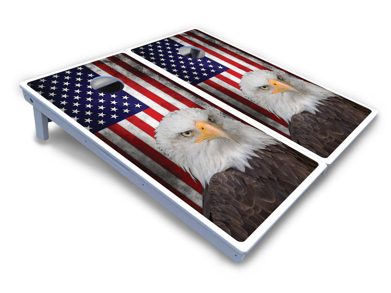 Waterproof - Eagle USA Flag - All Weather Boards "Outdoor Solution" 18mm(3/4")Direct UV Printed - Regulation 2' by 4' Cornhole Boards (Set of 2 Boards) Double Thick Legs, with Leg Brace & Dual Support Braces!