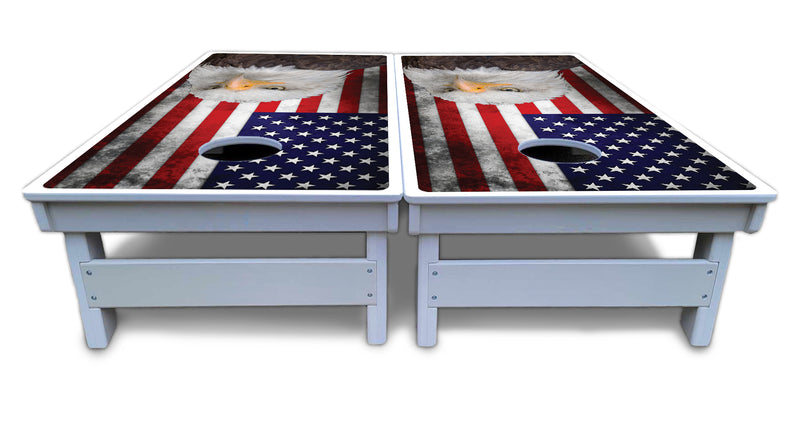 Waterproof - Eagle USA Flag - All Weather Boards "Outdoor Solution" 18mm(3/4")Direct UV Printed - Regulation 2' by 4' Cornhole Boards (Set of 2 Boards) Double Thick Legs, with Leg Brace & Dual Support Braces!