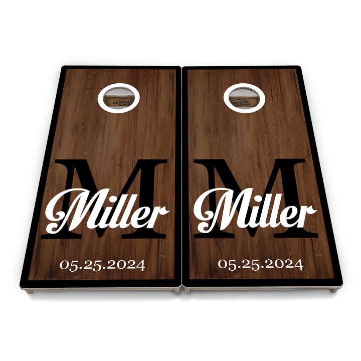 Dark Wood Wedding Monogram Cornhole Boards – Tournament Series