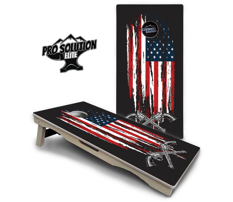 Pro Solution Elite - Guns & Flag - Professional Tournament Cornhole Boards 3/4" Baltic Birch - Zero Bounce Zero Movement Vertical Interlocking Braces for Extra Weight & Stability +Double Thick Legs +Airmail Blocker