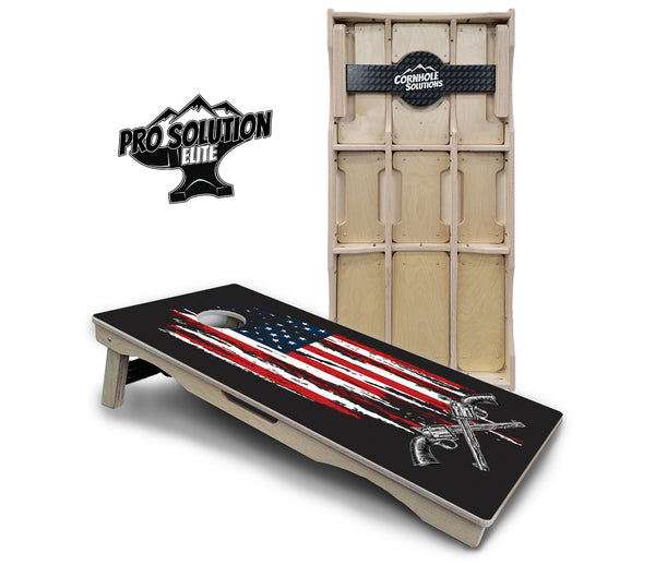 Pro Solution Elite - Guns & Flag - Professional Tournament Cornhole Boards 3/4" Baltic Birch - Zero Bounce Zero Movement Vertical Interlocking Braces for Extra Weight & Stability +Double Thick Legs +Airmail Blocker