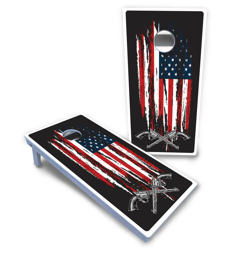 Waterproof - Guns & Flag Design - All Weather Boards "Outdoor Solution" 18mm(3/4")Direct UV Printed - Regulation 2' by 4' Cornhole Boards (Set of 2 Boards) Double Thick Legs, with Leg Brace & Dual Support Braces!