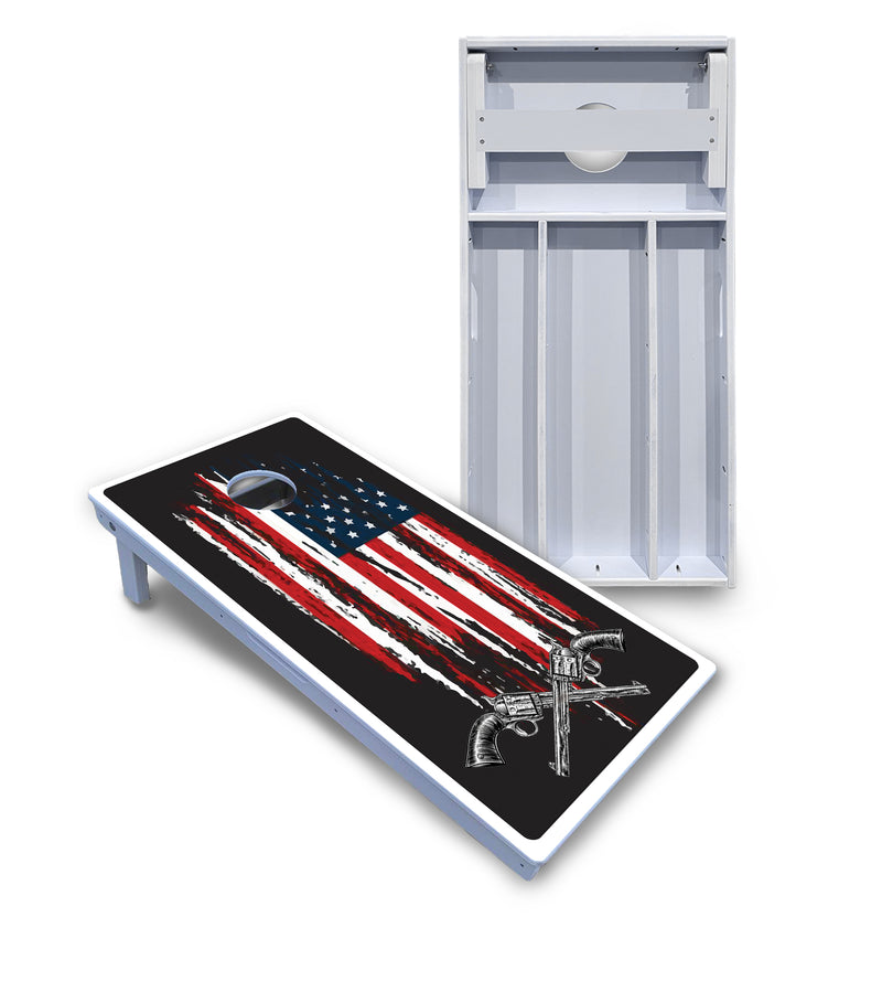 Waterproof - Guns & Flag Design - All Weather Boards "Outdoor Solution" 18mm(3/4")Direct UV Printed - Regulation 2' by 4' Cornhole Boards (Set of 2 Boards) Double Thick Legs, with Leg Brace & Dual Support Braces!