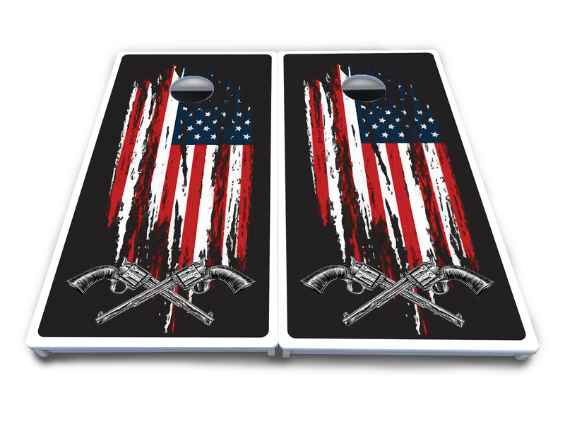 Waterproof - Guns & Flag Design - All Weather Boards "Outdoor Solution" 18mm(3/4")Direct UV Printed - Regulation 2' by 4' Cornhole Boards (Set of 2 Boards) Double Thick Legs, with Leg Brace & Dual Support Braces!