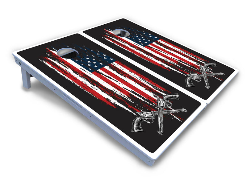 Waterproof - Guns & Flag Design - All Weather Boards "Outdoor Solution" 18mm(3/4")Direct UV Printed - Regulation 2' by 4' Cornhole Boards (Set of 2 Boards) Double Thick Legs, with Leg Brace & Dual Support Braces!