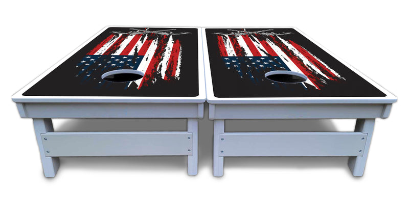 Waterproof - Guns & Flag Design - All Weather Boards "Outdoor Solution" 18mm(3/4")Direct UV Printed - Regulation 2' by 4' Cornhole Boards (Set of 2 Boards) Double Thick Legs, with Leg Brace & Dual Support Braces!