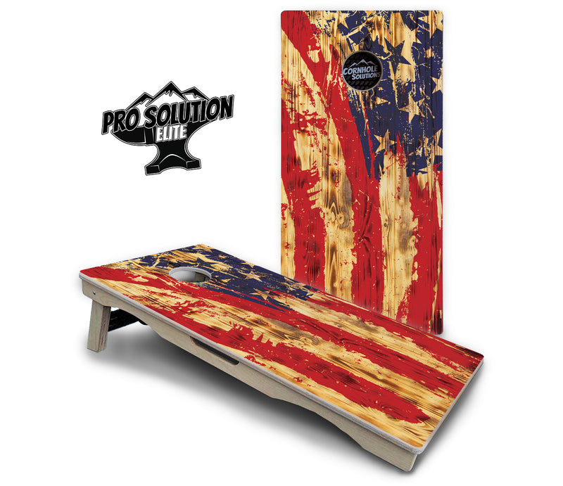 Pro Solution Elite - Faded Brush Burnt Flag - Professional Tournament Cornhole Boards 3/4" Baltic Birch - Zero Bounce Zero Movement Vertical Interlocking Braces for Extra Weight & Stability +Double Thick Legs +Airmail Blocker