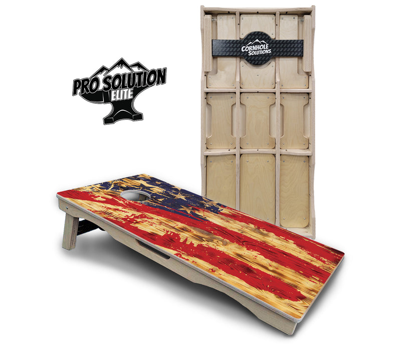 Pro Solution Elite - Faded Brush Burnt Flag - Professional Tournament Cornhole Boards 3/4" Baltic Birch - Zero Bounce Zero Movement Vertical Interlocking Braces for Extra Weight & Stability +Double Thick Legs +Airmail Blocker