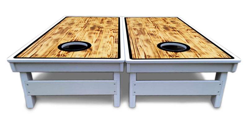 Waterproof - Burnt Wood Black Border - All Weather Boards "Outdoor Solution" 18mm(3/4")Direct UV Printed - Regulation 2' by 4' Cornhole Boards (Set of 2 Boards) Double Thick Legs, with Leg Brace & Dual Support Braces!