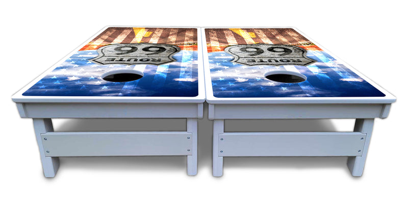 Waterproof - Route 66 - All Weather Boards "Outdoor Solution" 18mm(3/4")Direct UV Printed - Regulation 2' by 4' Cornhole Boards (Set of 2 Boards) Double Thick Legs, with Leg Brace & Dual Support Braces!