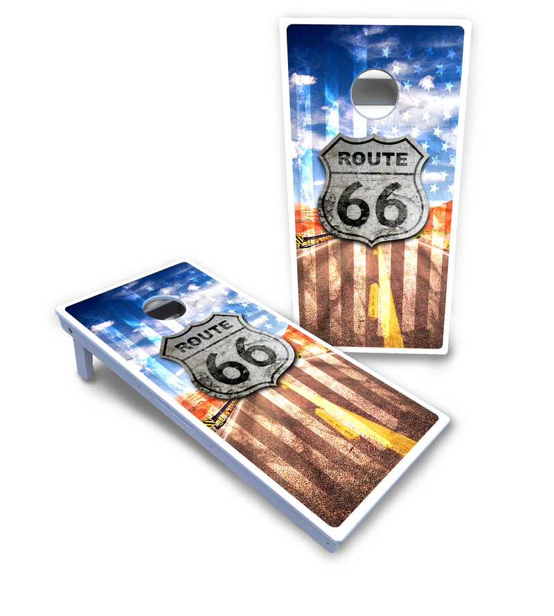 Waterproof - Route 66 - All Weather Boards "Outdoor Solution" 18mm(3/4")Direct UV Printed - Regulation 2' by 4' Cornhole Boards (Set of 2 Boards) Double Thick Legs, with Leg Brace & Dual Support Braces!