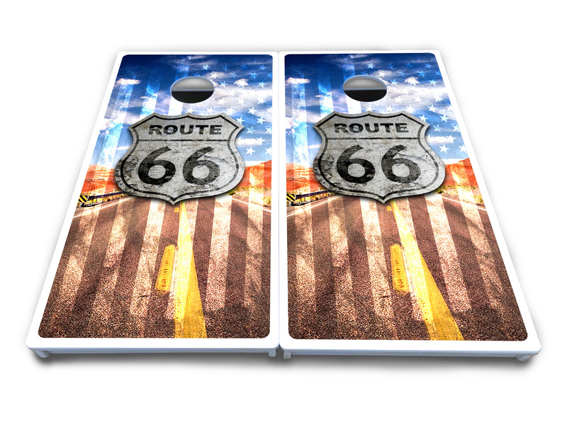 Waterproof - Route 66 - All Weather Boards "Outdoor Solution" 18mm(3/4")Direct UV Printed - Regulation 2' by 4' Cornhole Boards (Set of 2 Boards) Double Thick Legs, with Leg Brace & Dual Support Braces!