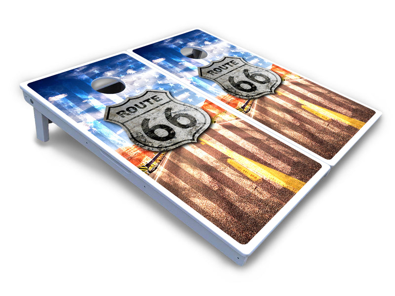 Waterproof - Route 66 - All Weather Boards "Outdoor Solution" 18mm(3/4")Direct UV Printed - Regulation 2' by 4' Cornhole Boards (Set of 2 Boards) Double Thick Legs, with Leg Brace & Dual Support Braces!