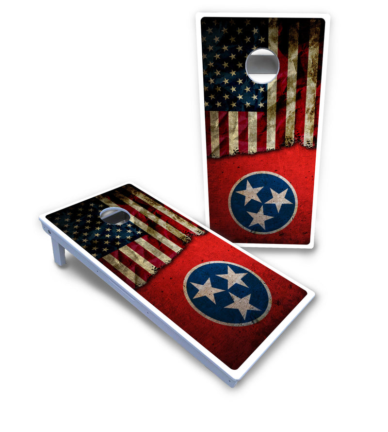 Waterproof - Tennessee / USA Flag Design - All Weather Boards "Outdoor Solution" 18mm(3/4")Direct UV Printed - Regulation 2' by 4' Cornhole Boards (Set of 2 Boards) Double Thick Legs, with Leg Brace & Dual Support Braces!