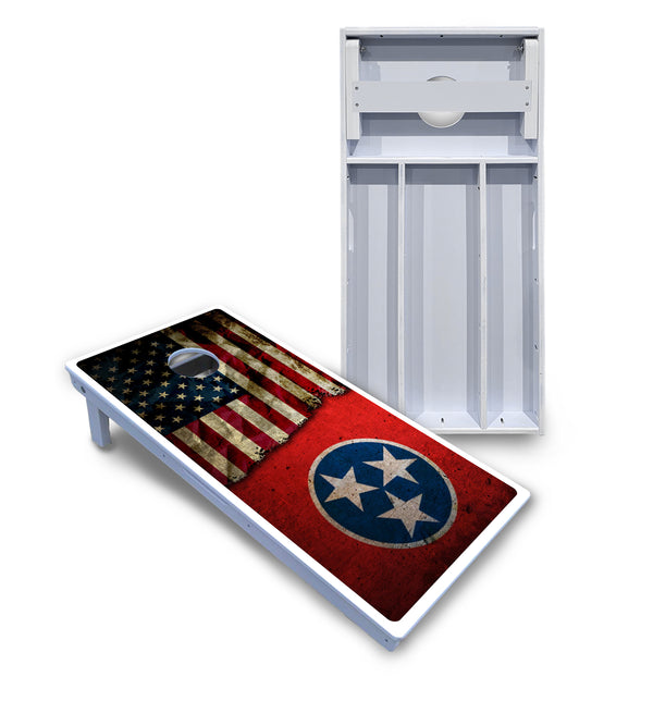 Waterproof - Tennessee / USA Flag Design - All Weather Boards "Outdoor Solution" 18mm(3/4")Direct UV Printed - Regulation 2' by 4' Cornhole Boards (Set of 2 Boards) Double Thick Legs, with Leg Brace & Dual Support Braces!